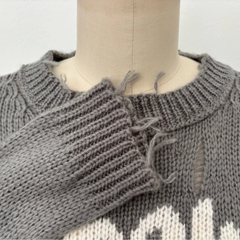 Wooden Ships Snow Bum Graphic Sweater NWT Gray Distressed Slouchy Winter S/M